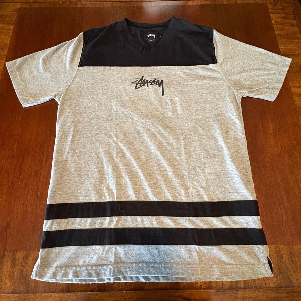Stüssy Colorblock Stripe T Shirt Gray‎ Black Logo Streetwear Size L
